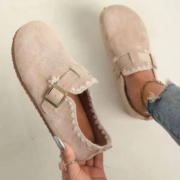 Women'Retro Round-Toe Flat Shoes With Buckle Closure, Solid Color Textured PU Upper, Cushioned Insole, Non-Slip Rubber Sole